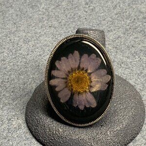 Statement Oval Flower Ring Size 8 Silver Purple Yellow Floral Vintage Fairy Glam